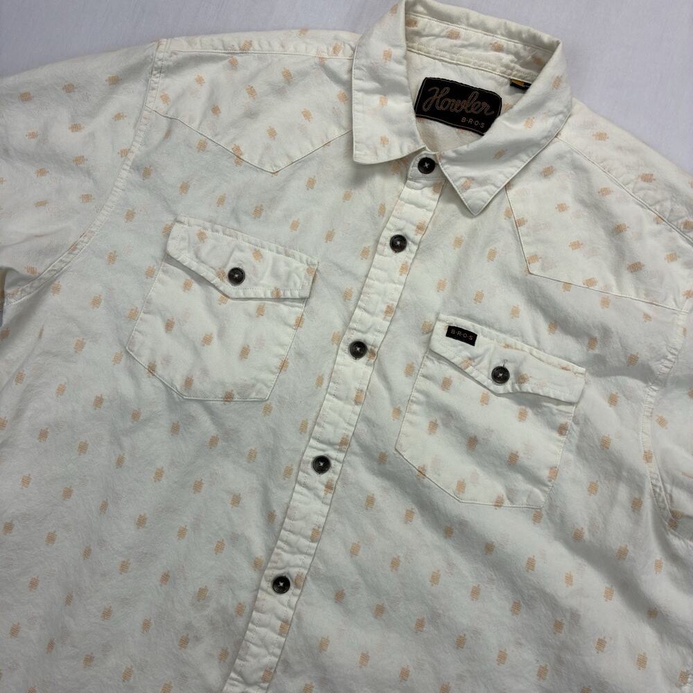 Howler Bros Mens LG Short Sleeve Button Up Shirt Cream Geo Print Western Cotton
